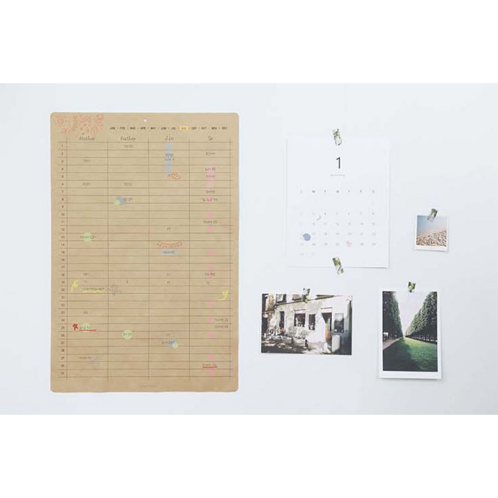 Ein Bogen des Family Calendar mit Geburtstagseintraegen an der Wand neben Fotos.  